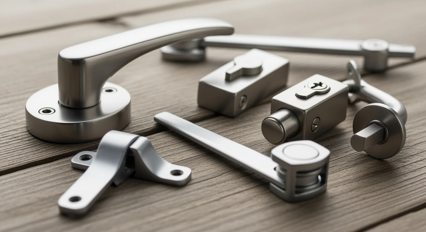 Raambeslag: Close-up van raamkruk, raamboom, raamuitzetter en kierstandhouder op hout.