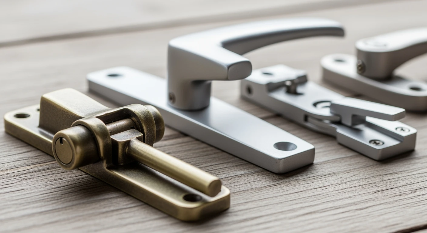 Raamsluiting details: Raamboom, raamkruk en uitzetter op hout. Kies de juiste sluiting raam.