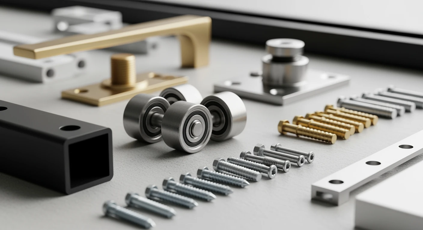 Modern schuifdeurbeslag: stalen rail, rvs rollers, messing handgreep.