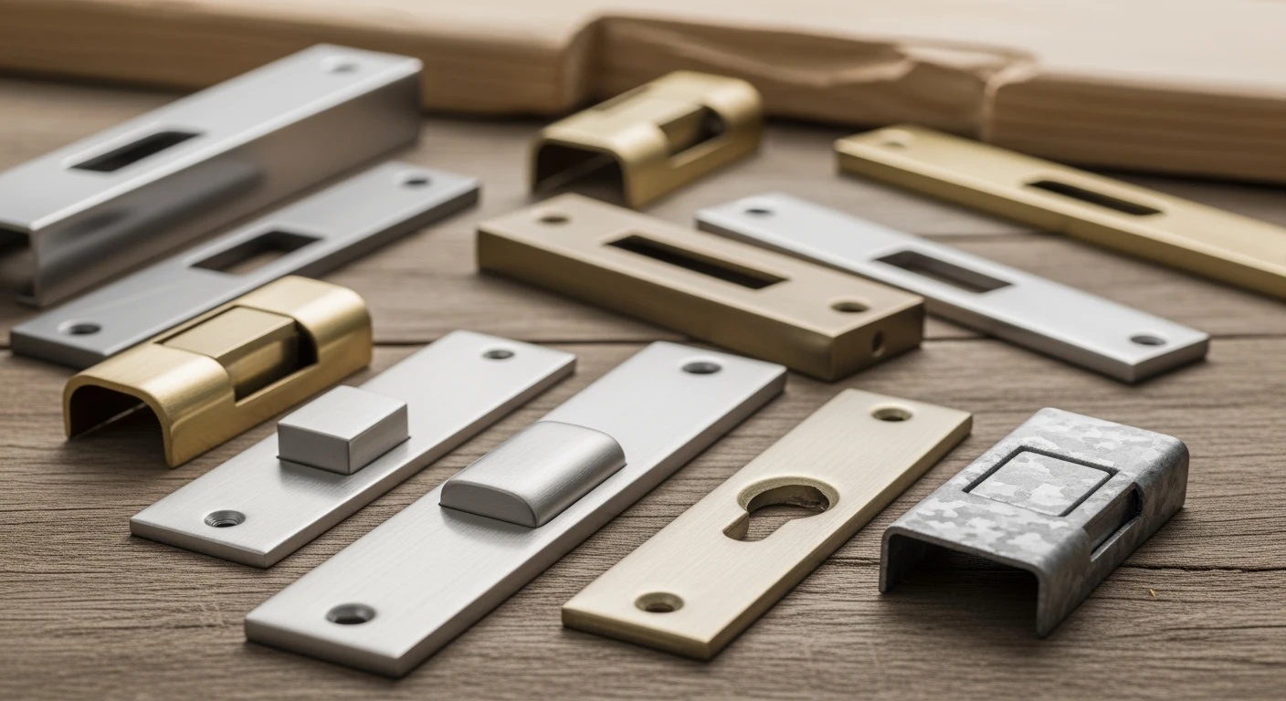 Sluitplaten: Diverse types (RVS, messing, gegalvaniseerd) op hout. Detailopname.