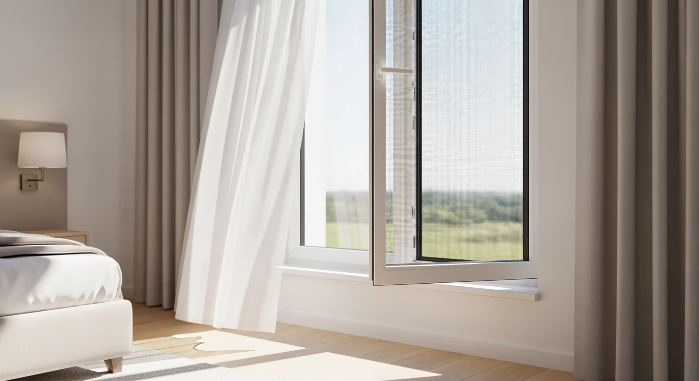 Raamhor in moderne slaapkamer laat frisse lucht binnen, insecten buiten.