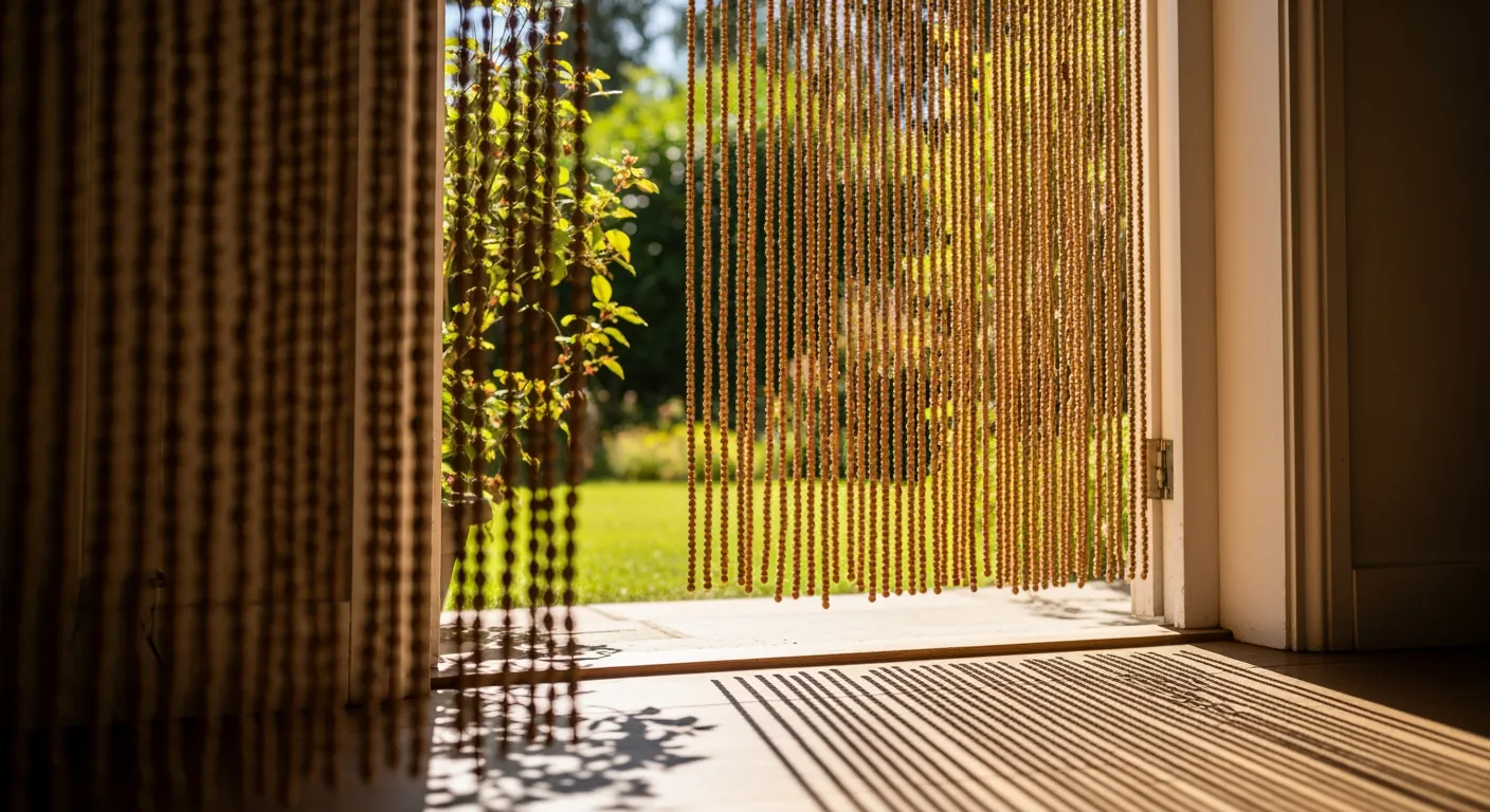 Stijlvol bamboe vliegengordijn houdt vliegen buiten. Zonnige doorkijk naar groene tuin.