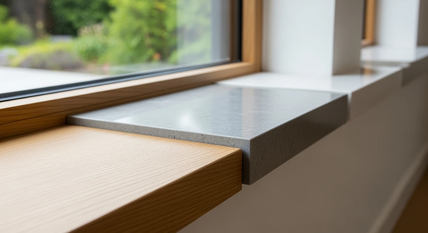 Diverse **vensterbanken** in close-up: hout, steen en composiet. Perfecte afwerking voor elk interieur.