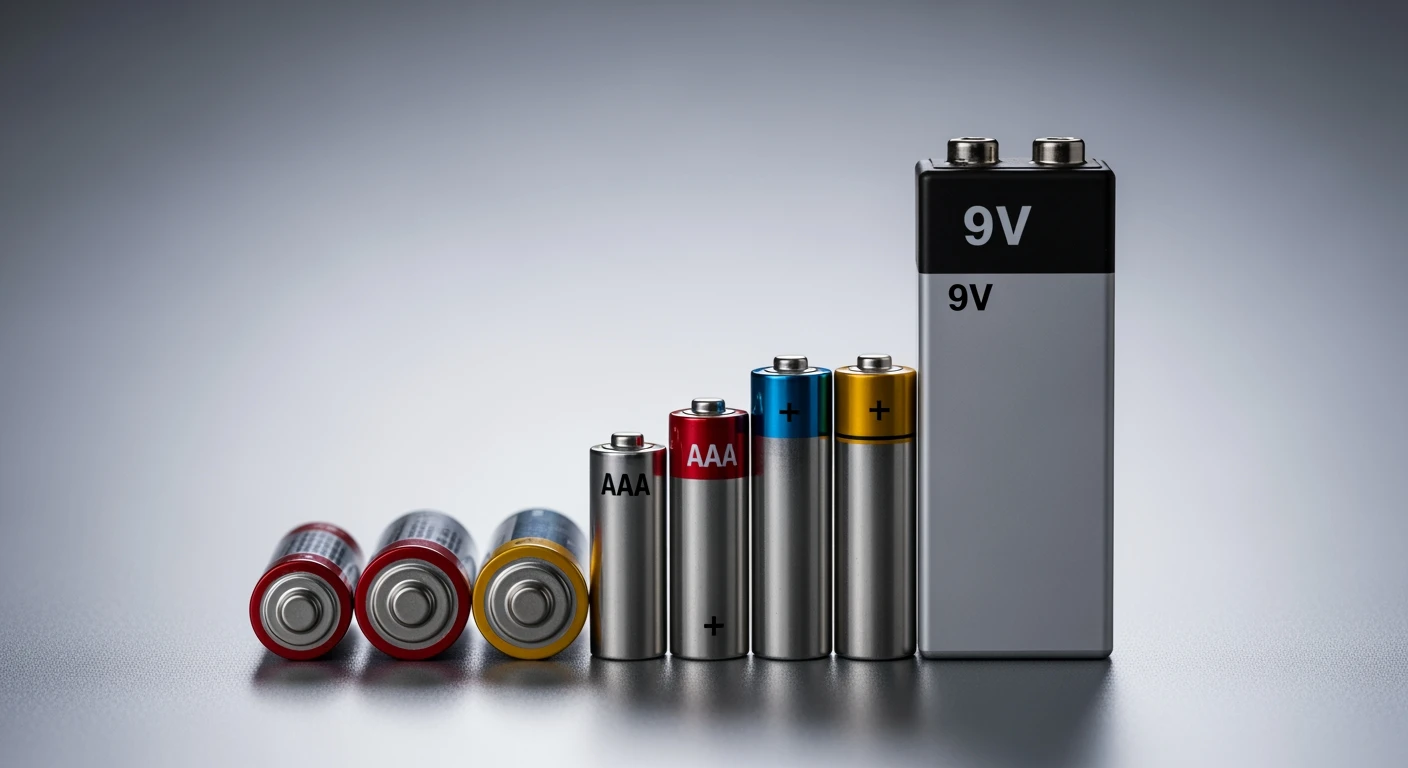 Batterijen: AA, AAA en 9V batterij in een stilleven met zachte belichting en neutrale achtergrond.