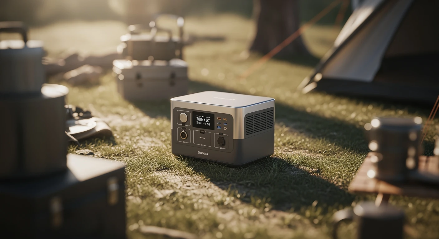 Powerstation op grasveld tijdens kamperen. Draagbaar station power voor outdoor avonturen.