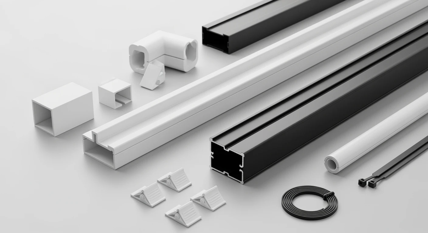 Diverse **kabelgoten** en accessoires, waaronder een witte PVC **kabelgoot** en zwarte aluminium **goot kabel**.