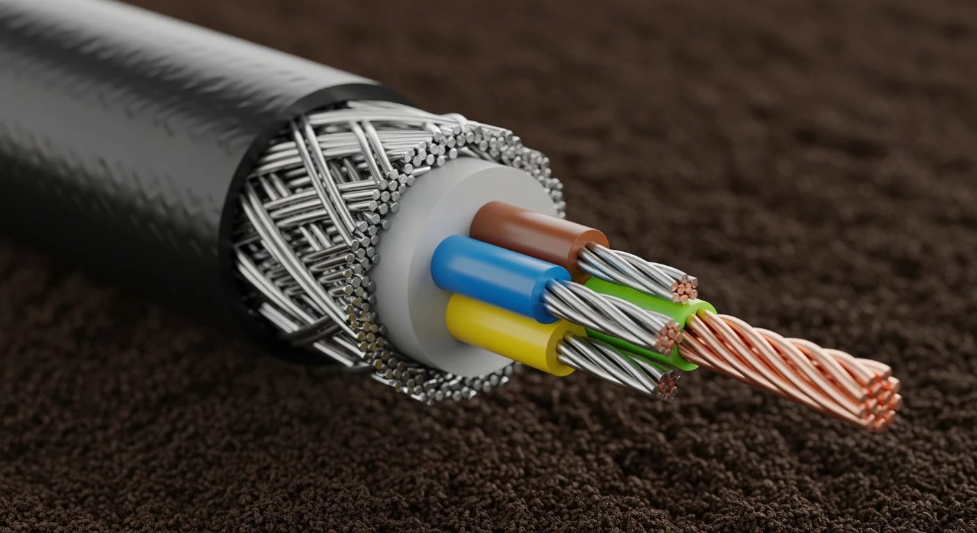 Grondkabel YMvK-as doorsnede in vochtige aarde. Details van de stalen bewapening en kleurgecodeerde aders.