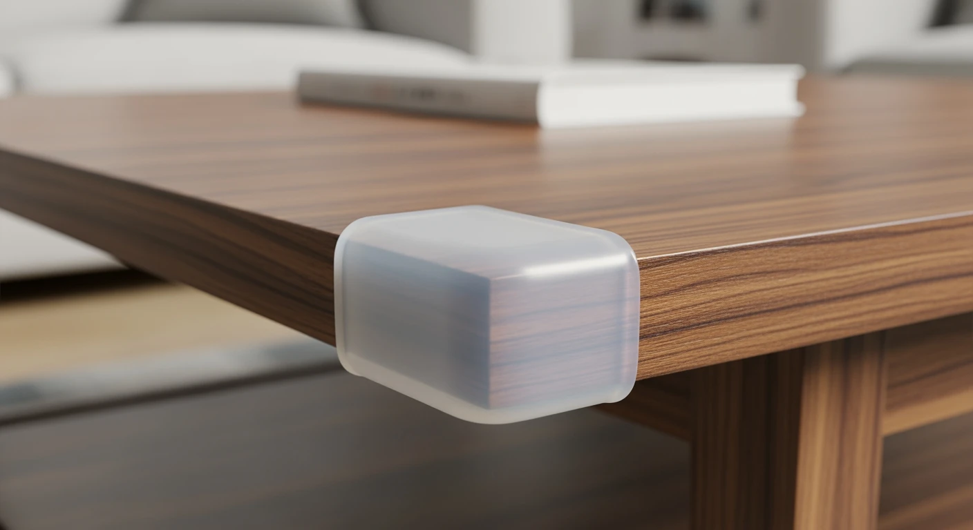 Transparante tafelhoek beschermers op donkere houten tafel. Veiligheidshoeken voor meubels.