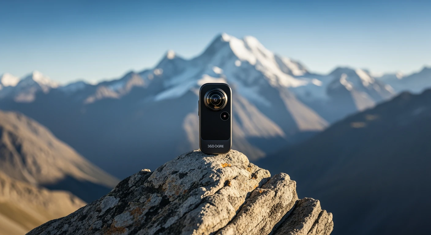 360 graden camera op rots met berglandschap. Perfect voor avontuurlijke opnames.