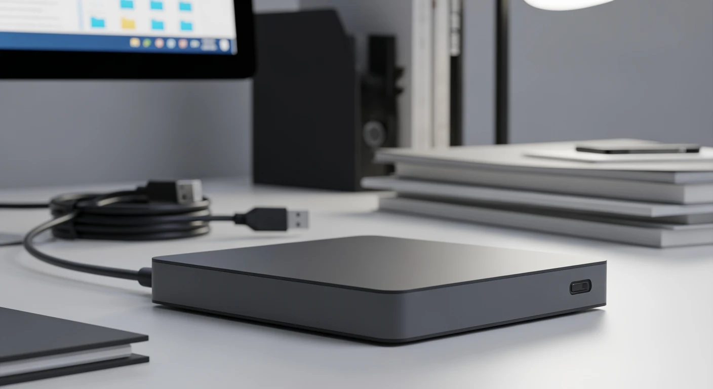 Donkergrijze externe harde schijf op een modern bureau. Externe opslag voor bestanden.