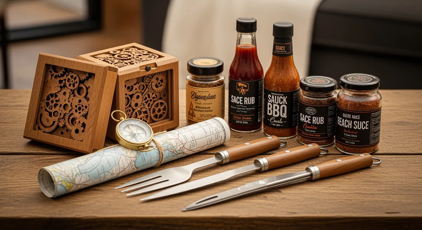Kerst cadeau ideeen vader: BBQ set, houten puzzel, kompas. Persoonlijke kerstcadeaus voor papa.