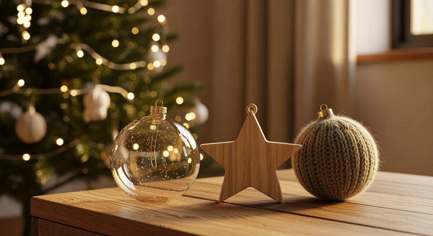 Duurzame kerstversiering: handgeblazen, houten & wollen ornamenten op een gerecyclede houten tafel.