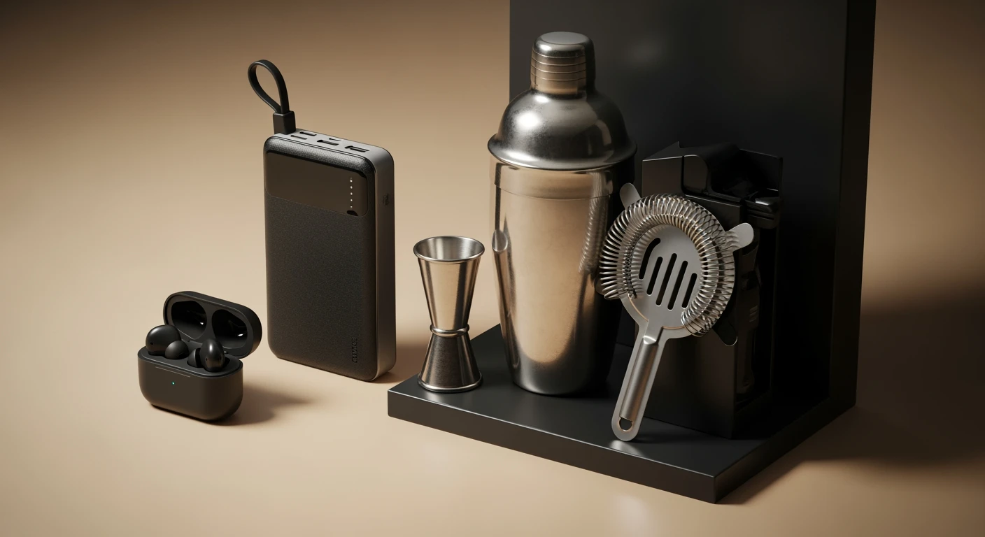 Kerst cadeau broer: Powerbank, cocktail set en oordopjes. Geschenk ideeën.