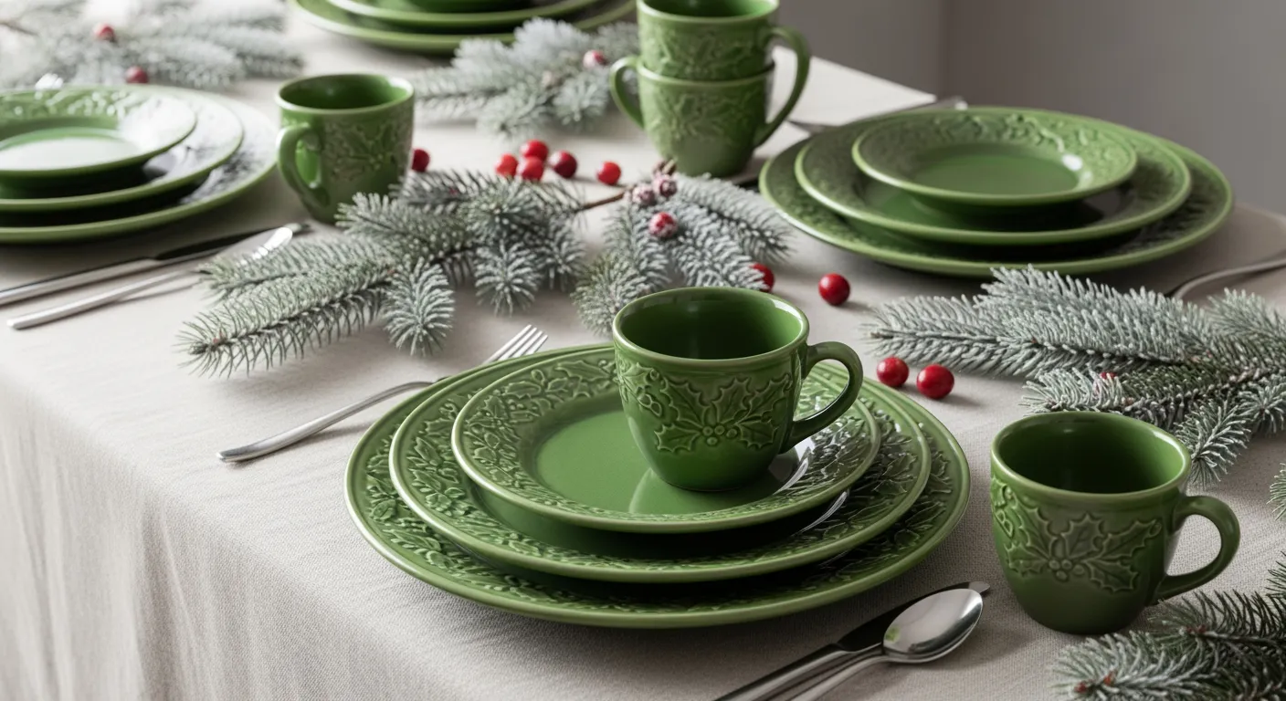 Sfeervol kerstservies: groene borden en mokken met kerstdecoratie op een feestelijke tafel.