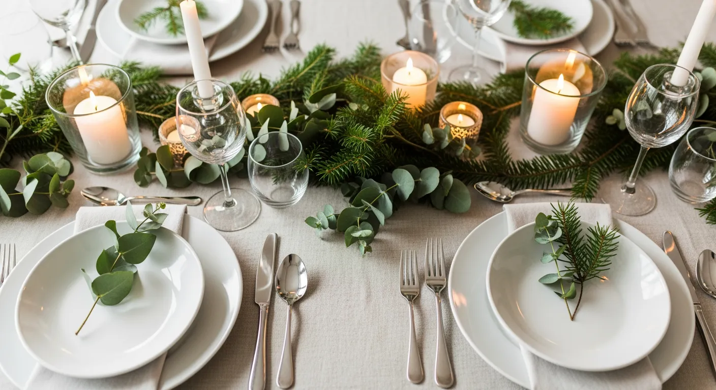 Sfeervolle kersttafel dekken ideeën: Scandinavisch minimalistisch met eucalyptus en kaarsen.
