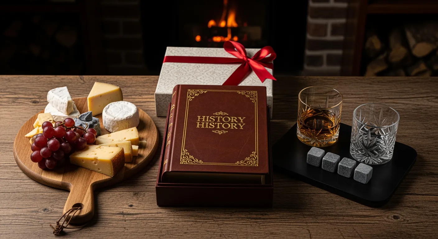 Kerst cadeau opa: Luxe geschenken zoals een boek, kaasplank en whiskey stenen.
