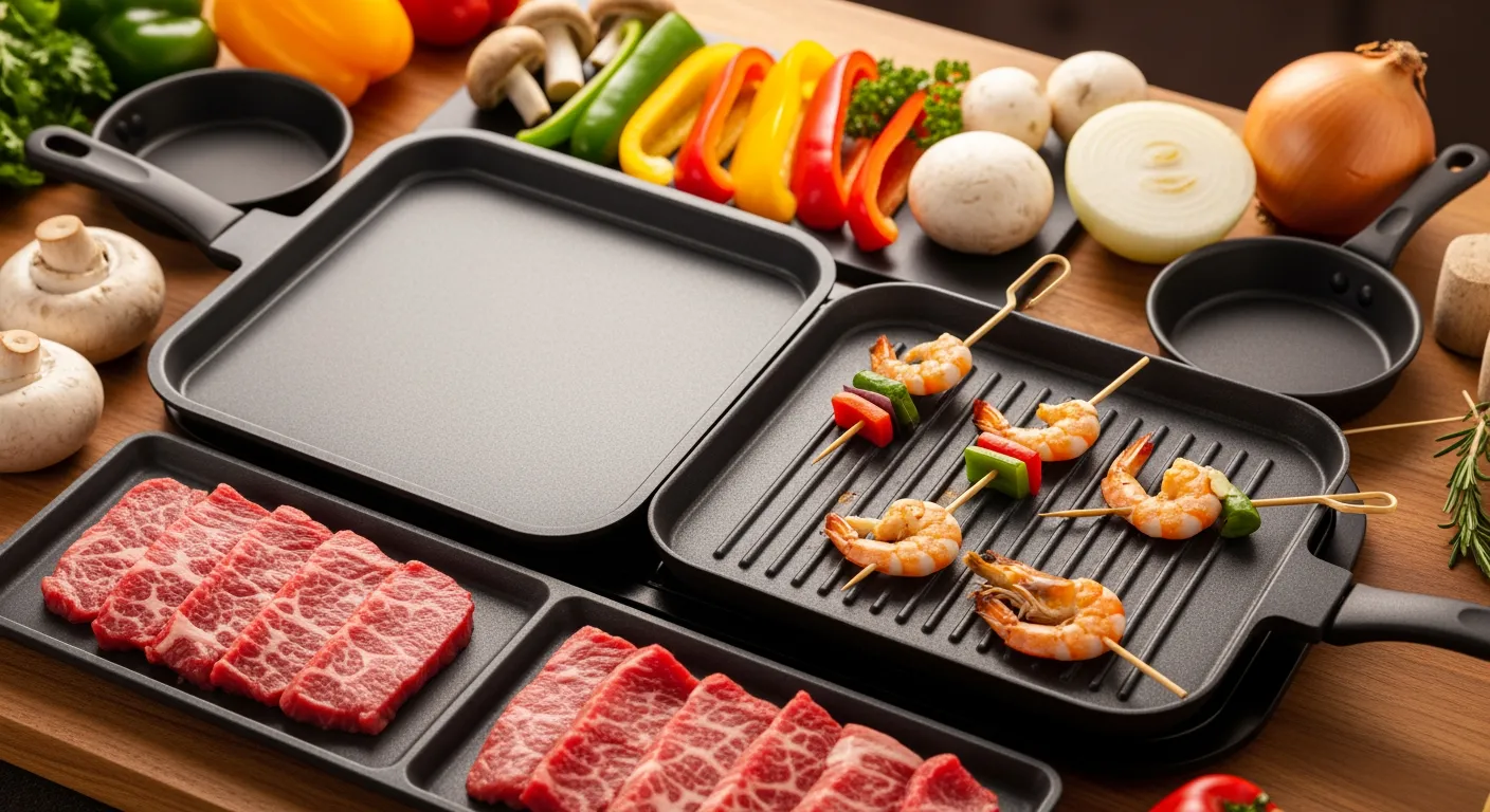 Gourmetstel met vlees, groenten en garnalen klaar voor een gezellige avond gourmetten.