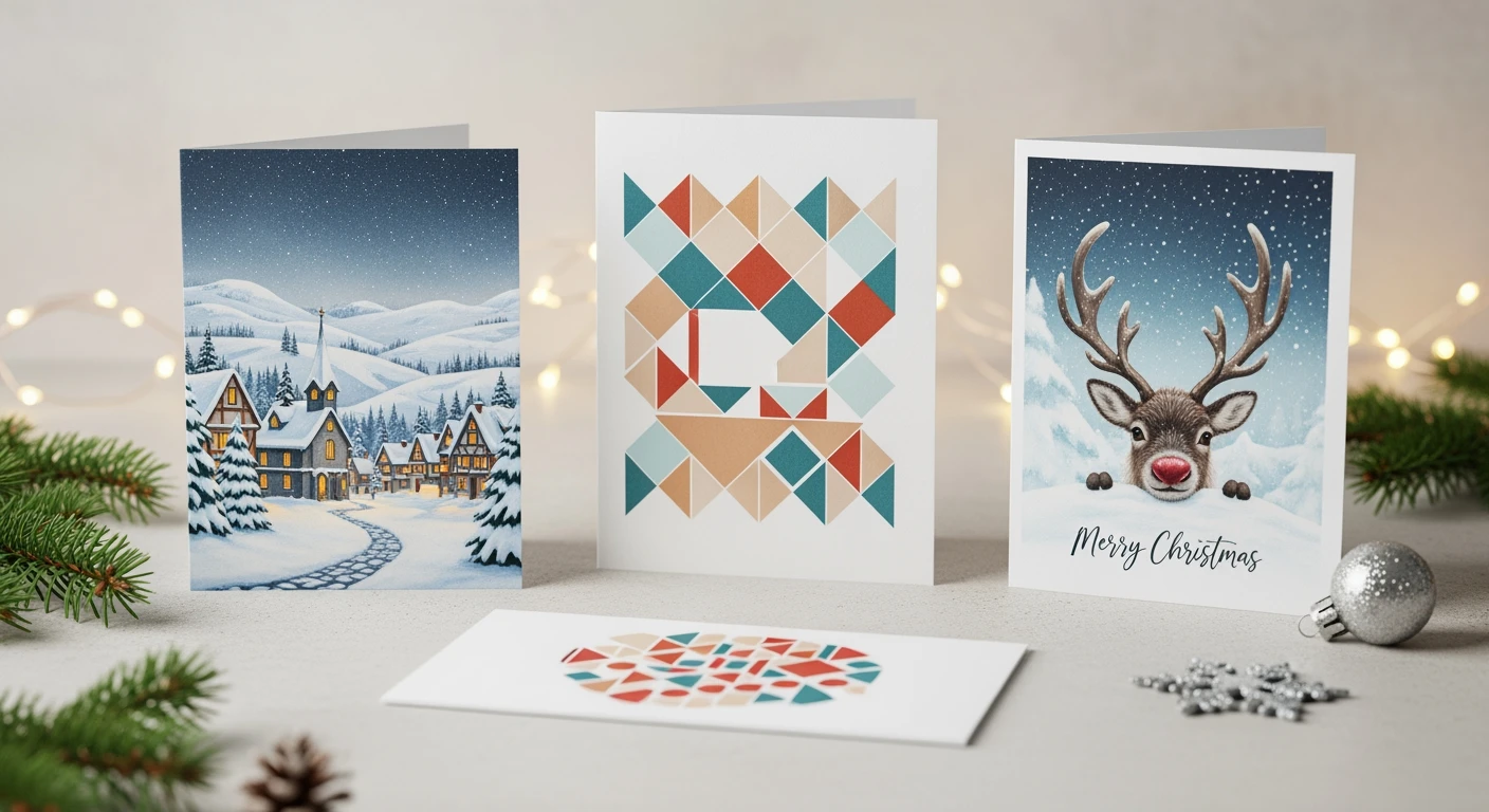 Diverse kerstkaarten, van modern tot klassiek, met kerstdecoratie.