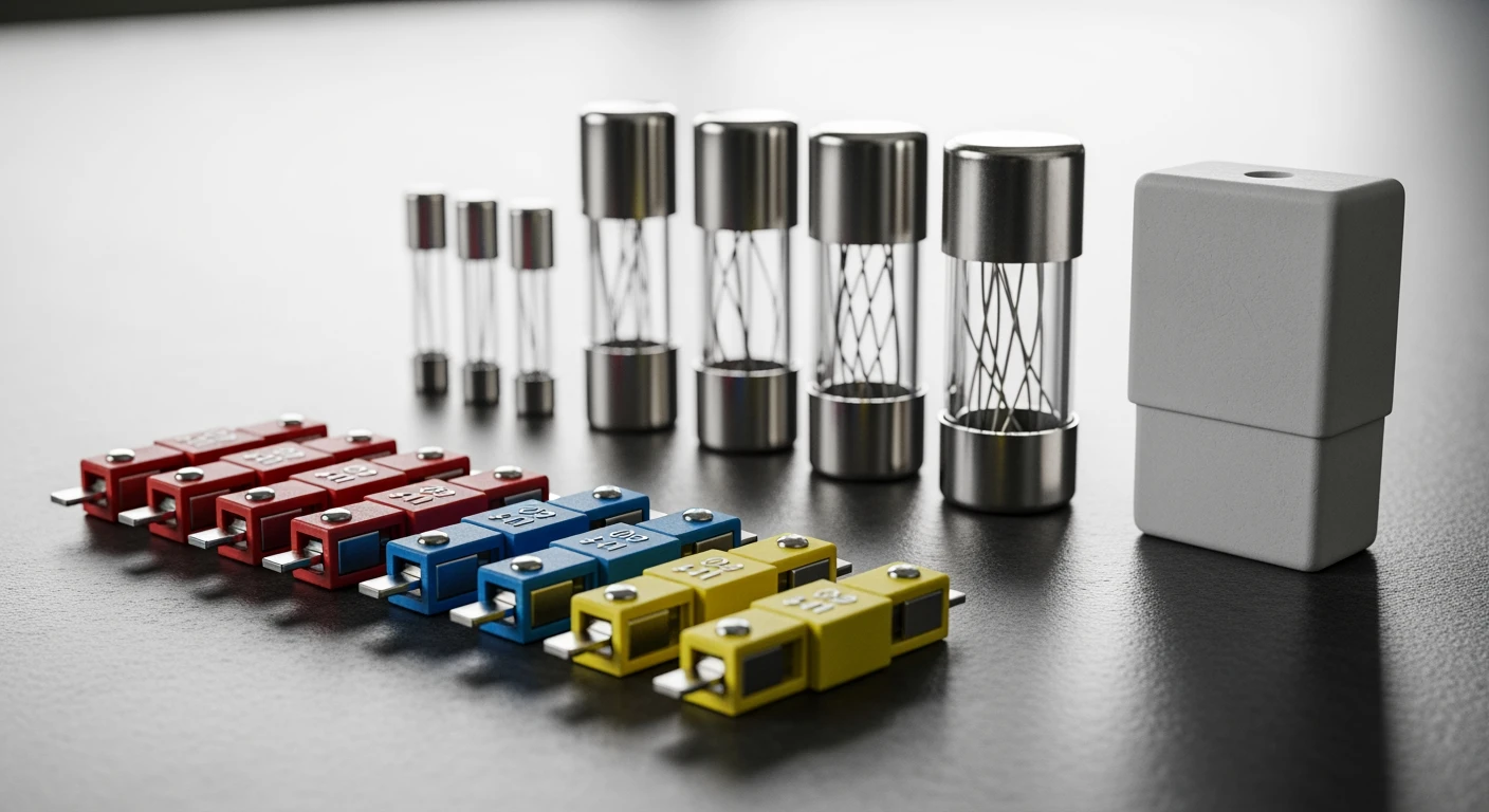 Diverse **zekeringen**, waaronder **autozekeringen** en glaszekeringen, overzichtelijk gepresenteerd.