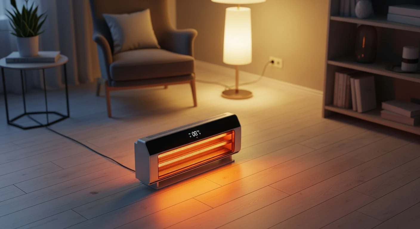 Moderne elektrische kachel op houten vloer. Sfeervolle verwarming voor energiezuinige warmte.