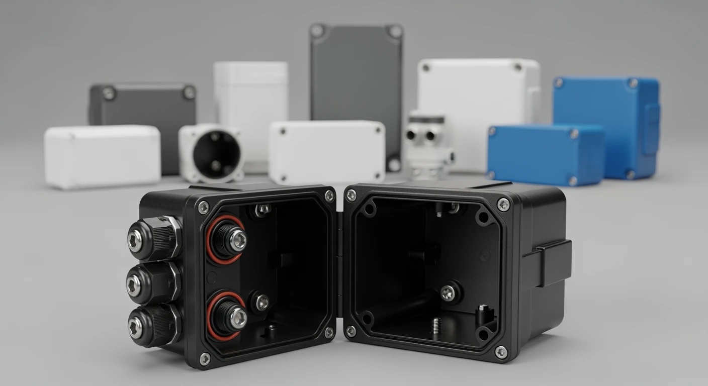 Kabeldoos IP66/67 met kabelwartels, diverse kabeldozen op grijze achtergrond.