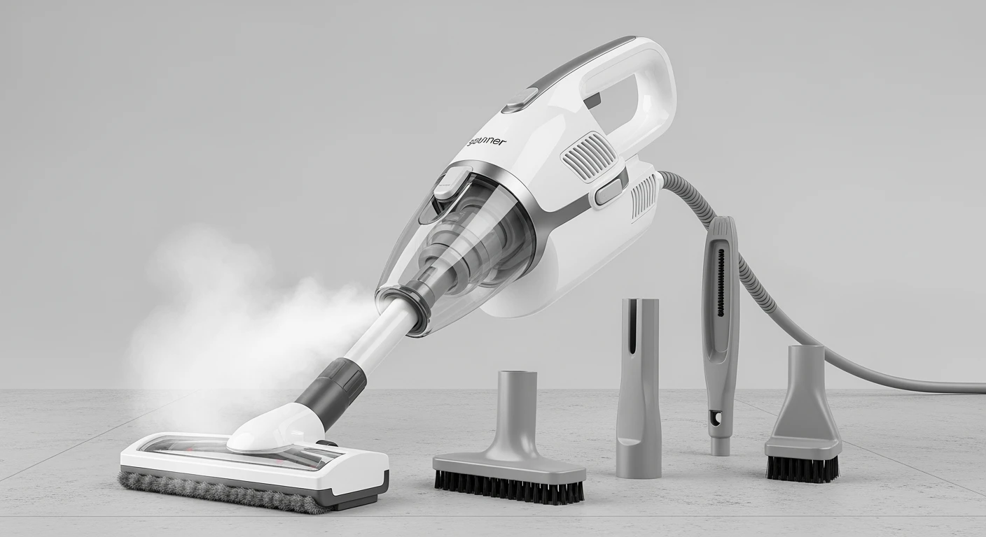 Moderne stoomreiniger met accessoires, klaar voor gebruik. Krachtige stoomscoonmaker voor een hygiënisch huis.