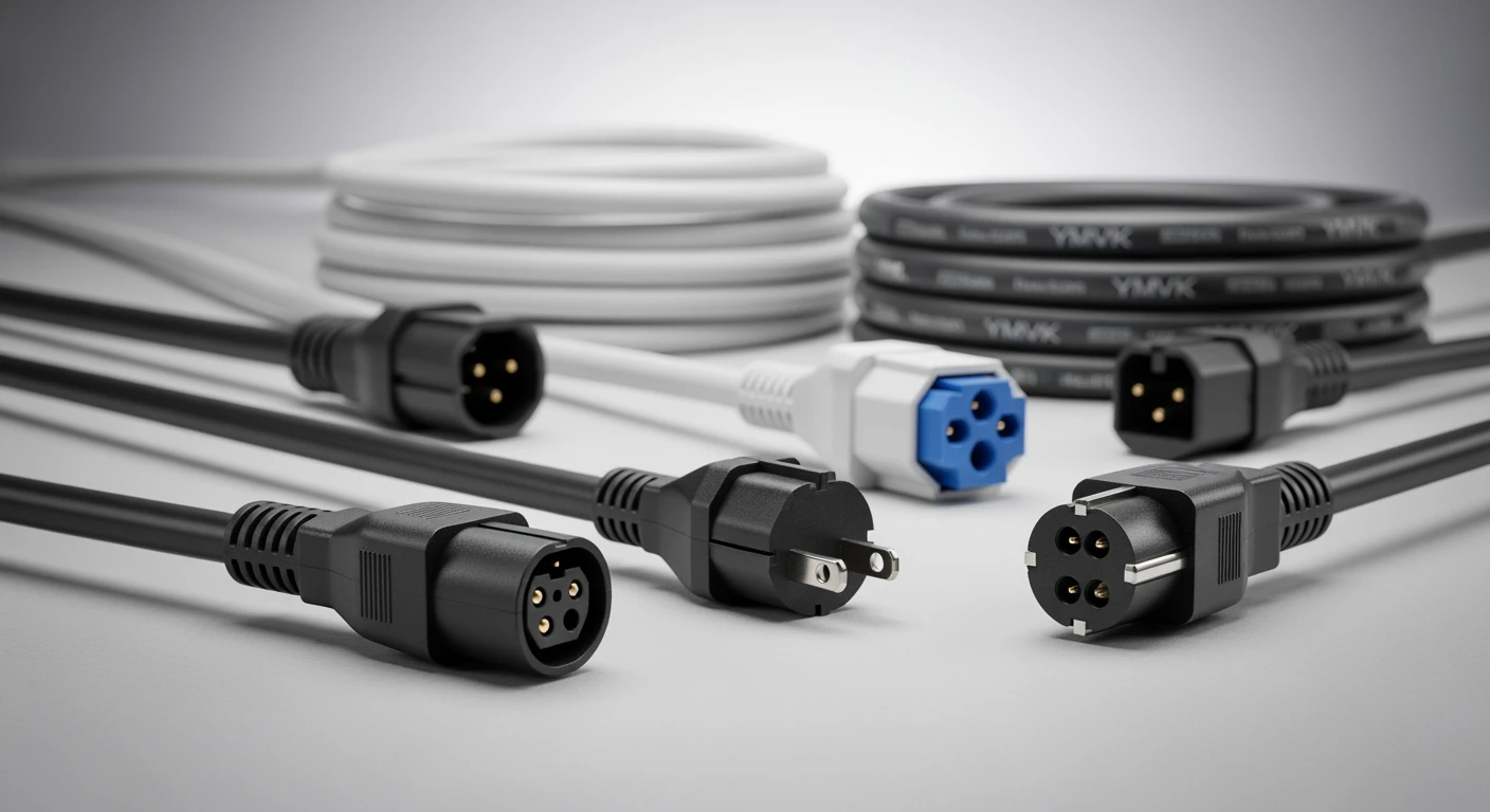 Diverse stroomkabels, waaronder C7 en C13, op een grijze achtergrond.