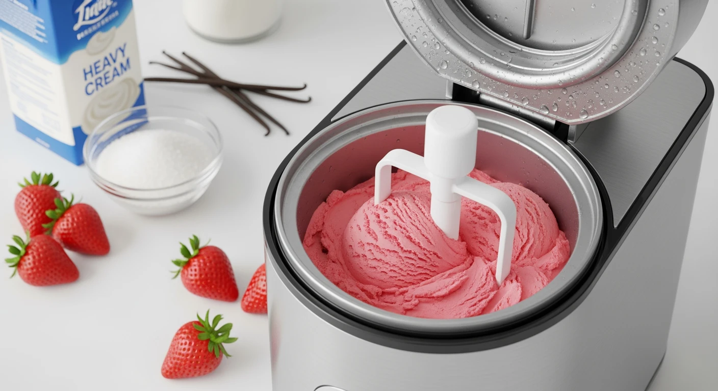 RVS ijsmachine maakt vers, huisgemaakt aardbeienijs.