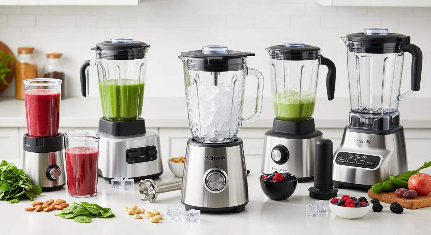 Diverse blenders, van smoothie-maker tot krachtige keukenblender, met ingrediënten voor smoothies.