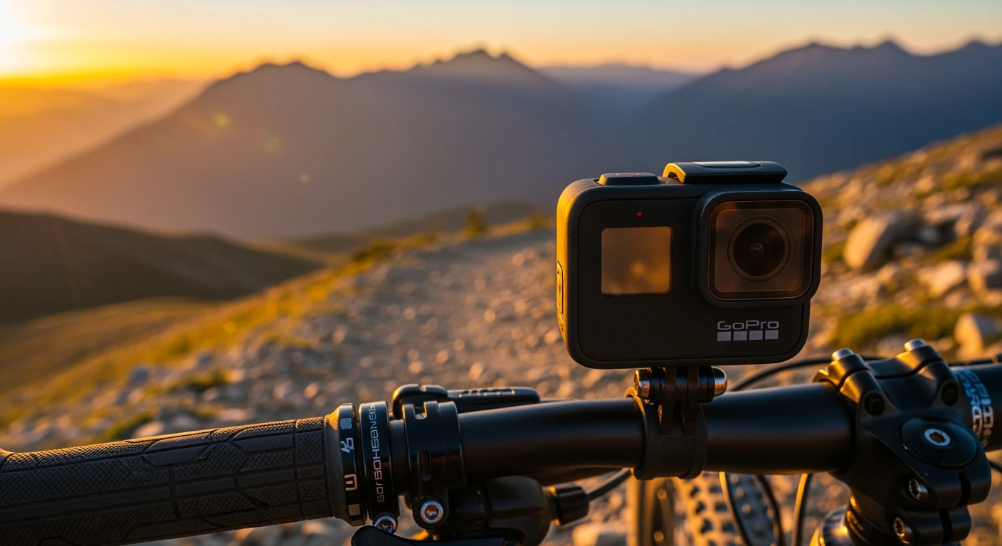 GoPro Hero 12 op mountainbike in de bergen. Avontuurlijke actiecamera.