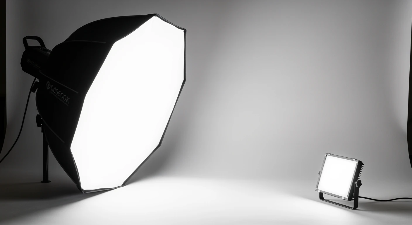 Softbox studiolamp verlicht een witte achtergrond in een professionele studio setup.