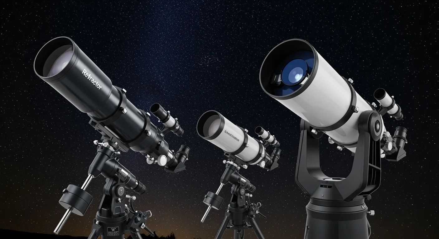 Drie telescopen (refractor, reflector, Schmidt-Cassegrain) tegen een sterrenhemel. Kies de juiste telescoop!