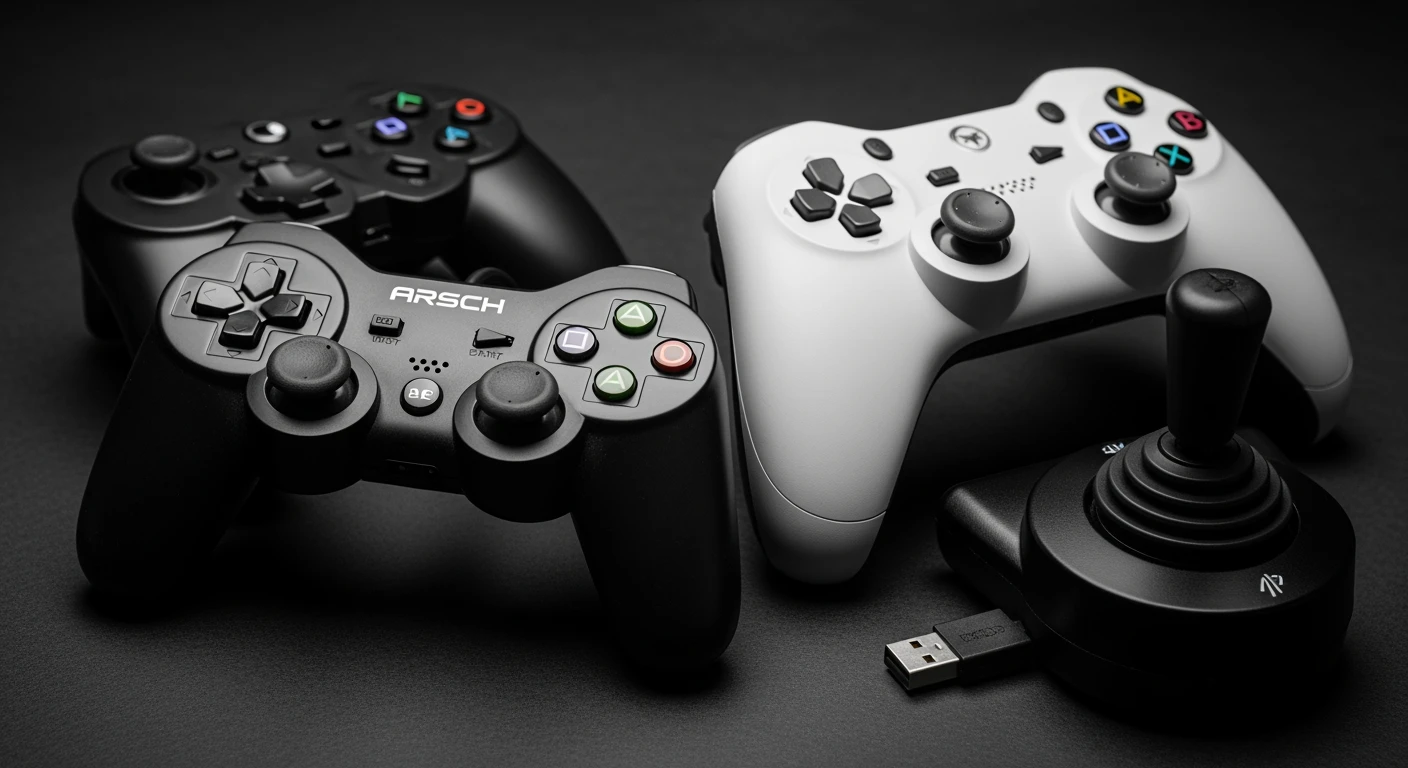 Gaming controllers pc: Close-up van diverse PC gamecontrollers, waaronder gamepad, draadloze en joystick.