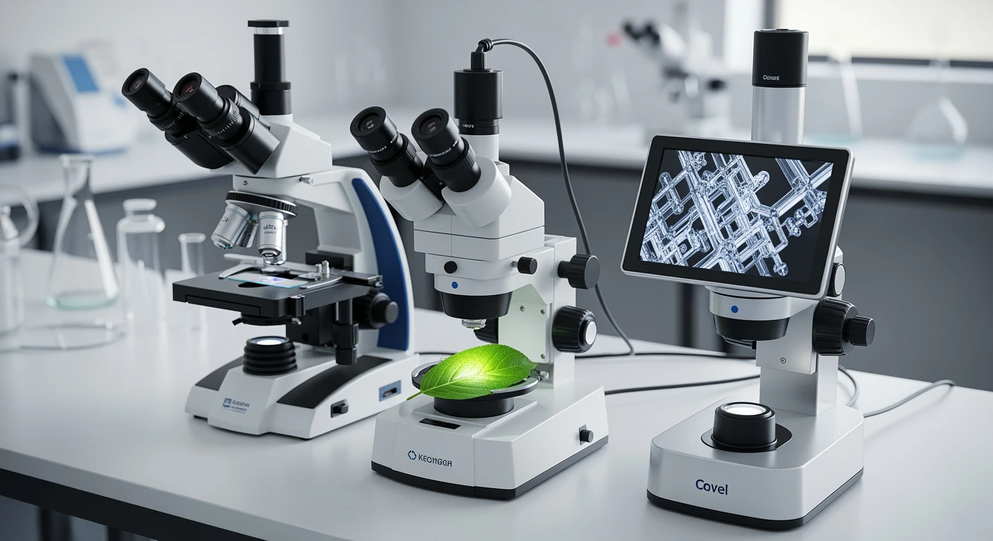 Microscoop opstelling: stereomicroscoop, compound microscoop en digitale microscoop in een lab.