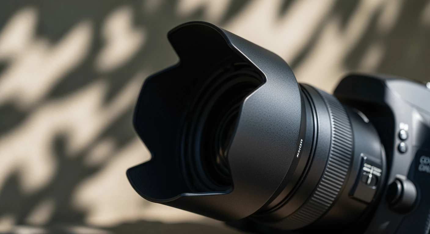 Camera zonnekap, tulip model, gedeeltelijk bevestigd op een DSLR lens.