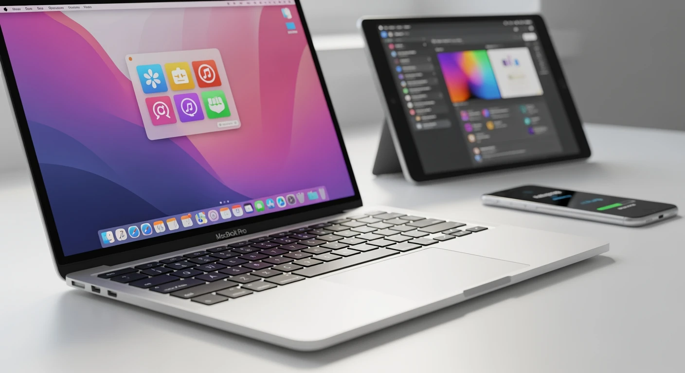 Zilveren MacBook Pro op een witte desk. Scherm toont productiviteitsapps. Apple-laptop in een minimalistische setting.