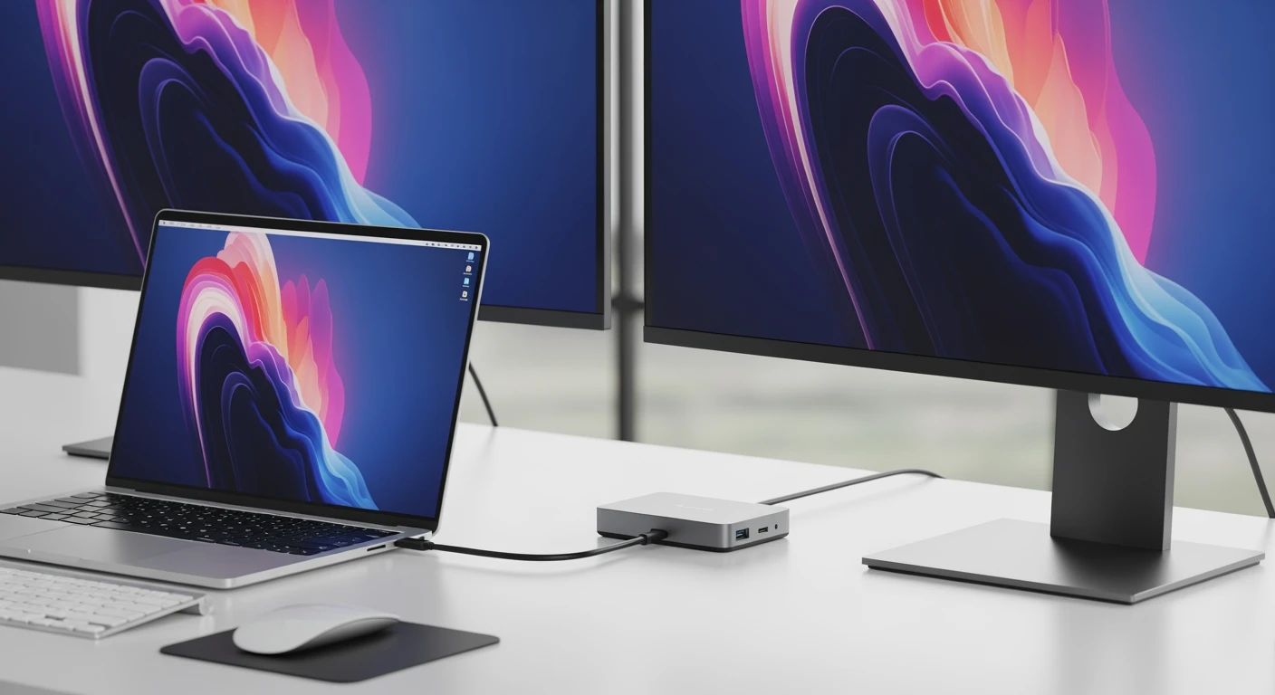 Laptop verbonden met compact docking station voor laptop op een georganiseerd bureau.