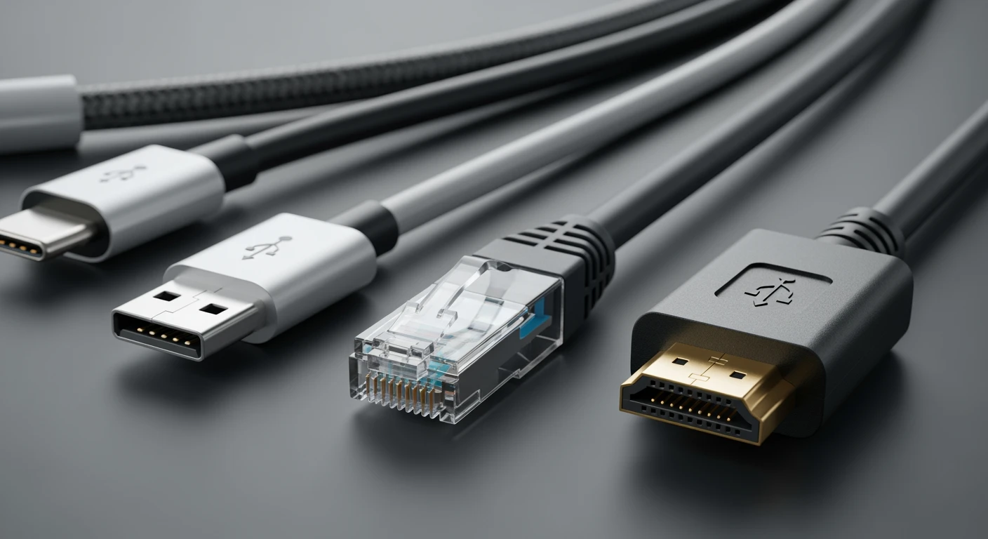 Diverse datakabels: USB-kabel, HDMI-kabel, Cat6-kabel. Essentiële verbindingskabels voor dataoverdracht.
