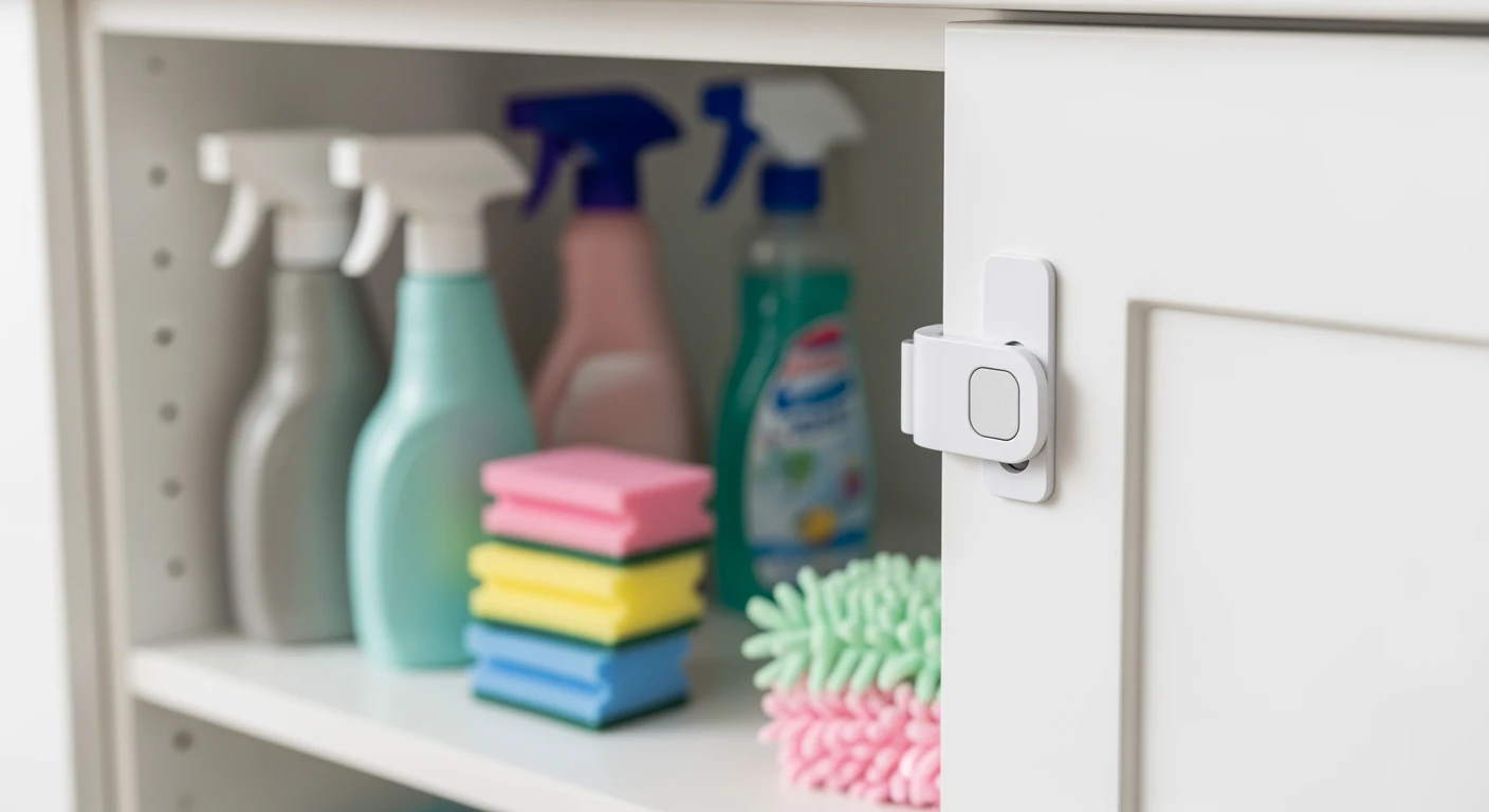 Kinderslot kasten: Magnetisch slot in een keukenkast met schoonmaakmiddelen.