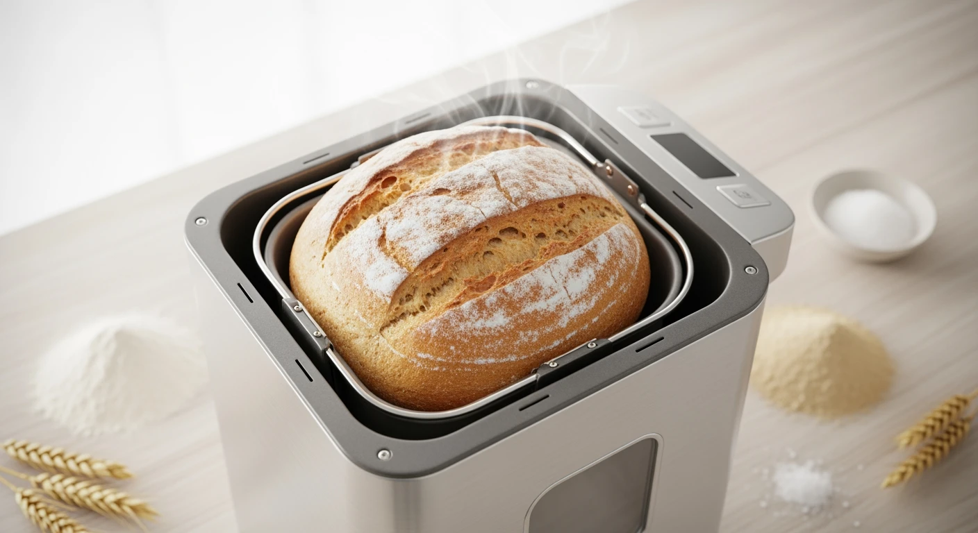 Vers gebakken volkorenbrood uit een roestvrijstalen broodbakmachine. Ingrediënten: bloem, gist en zout.