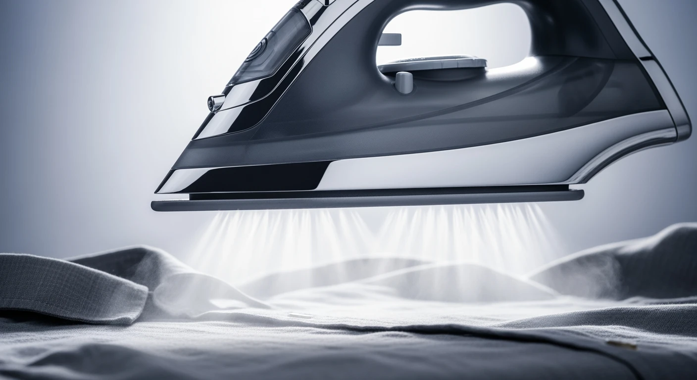 Stoomstrijkijzer strijkt kreukels glad. Duidelijk zichtbare stoom.