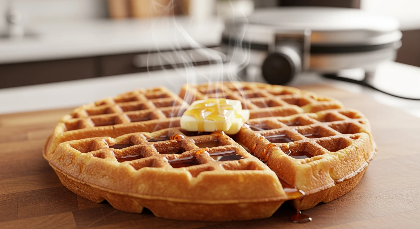 Gouden Belgische wafel uit het **wafelijzer**, met boter en siroop.