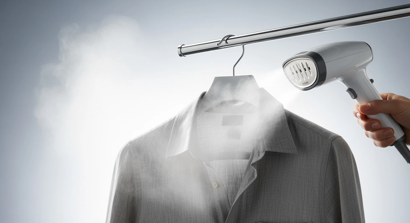 Kledingstomer verwijdert kreukels uit linnen shirt.