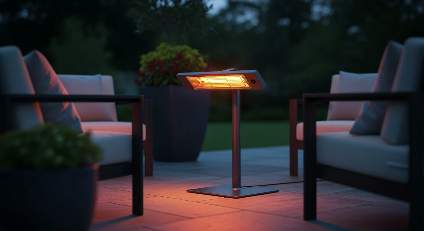 Sfeervolle terrasverwarmer op een modern terras bij schemering. Verleng je avonden!
