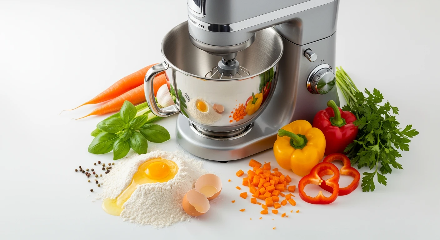 Zilveren keukenmachine met ingrediënten voor bereiding.