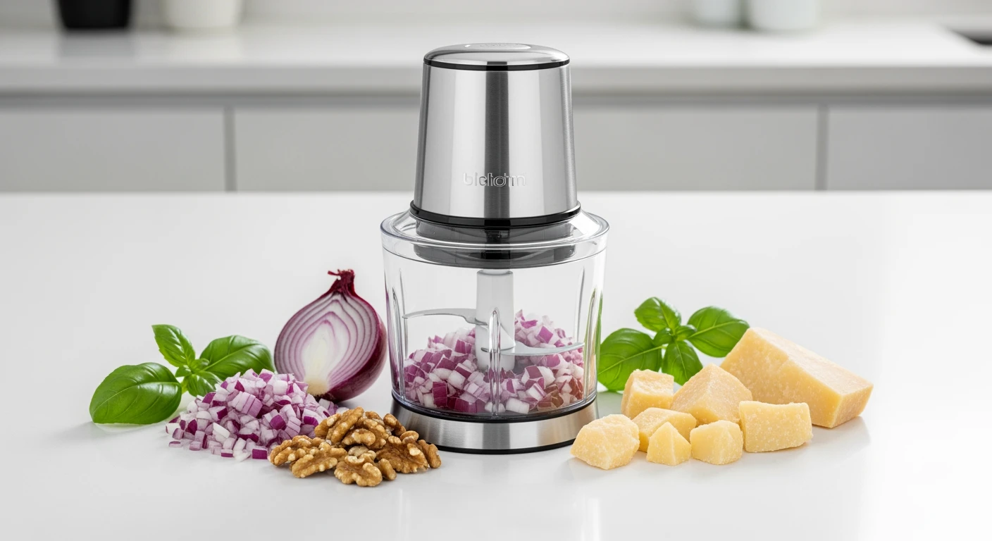 Hakmolen in moderne keuken met ingrediënten zoals noten, ui, basilicum en Parmezaanse kaas.