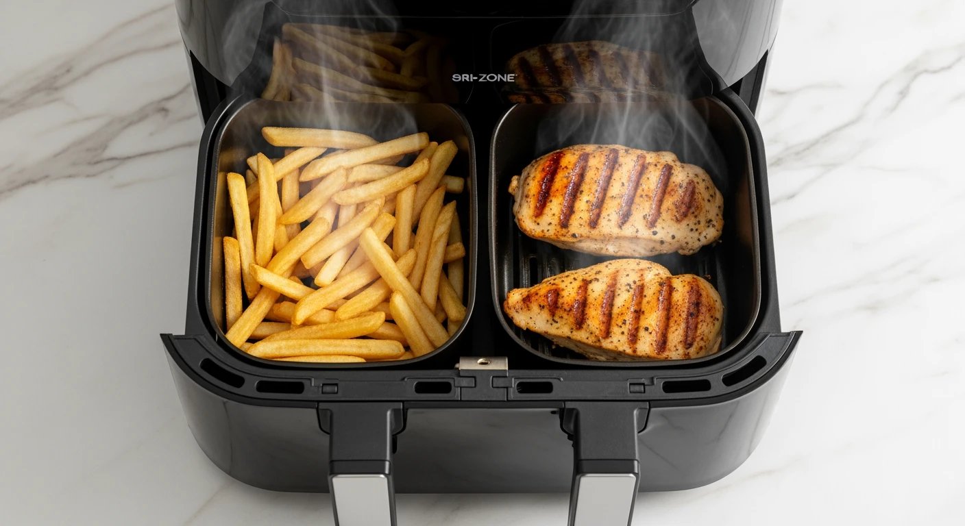 Dubbele airfryer met friet en kip. Perfect gebakken, klaar voor gebruik.