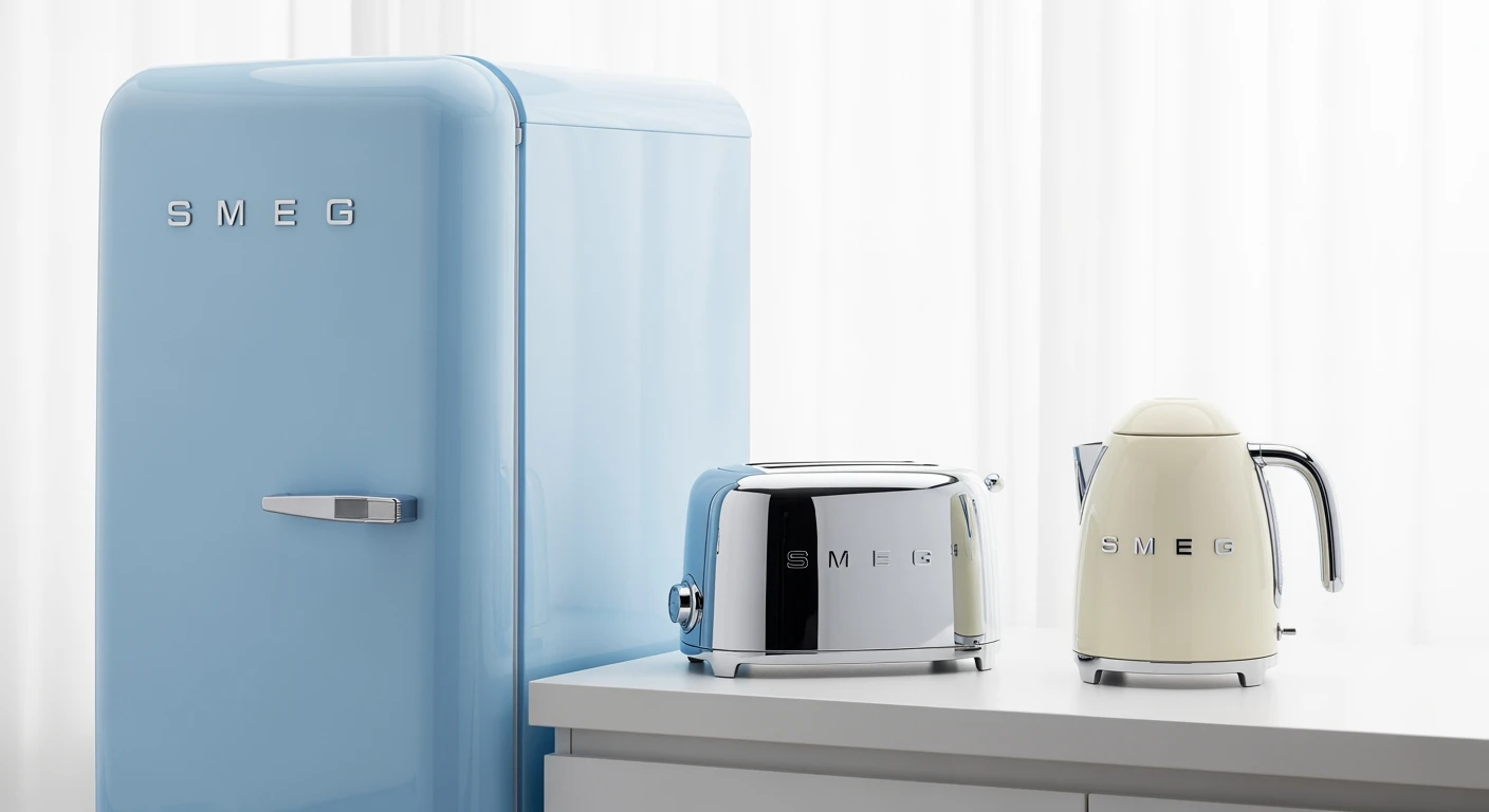 Smeg keukenapparaten: pastel blauwe koelkast, toaster en waterkoker op een witte aanrecht.