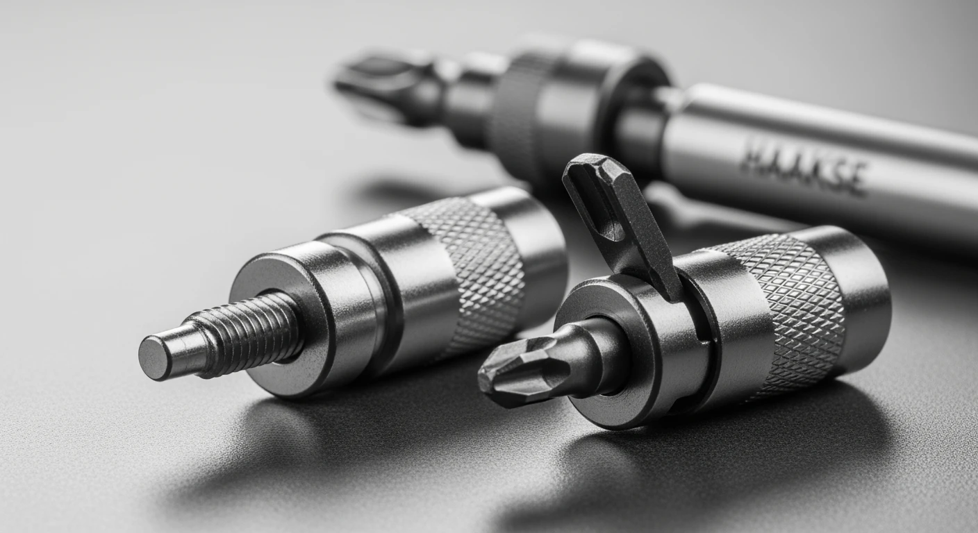 Magnetische bithouder houdt schroef vast. Diverse bithouders op werkbank.