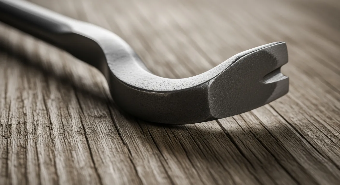 Koevoet detailopname: robuuste stalen koevoet op verweerd hout.